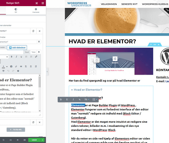 Elementor editor - page Builder til WordPress