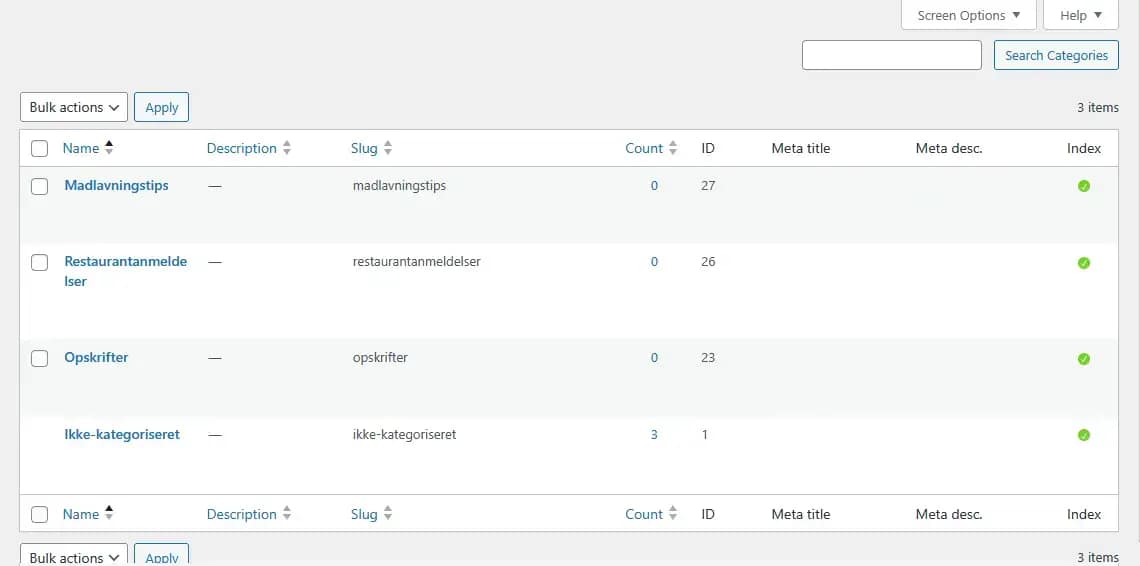 Kategorier Categories oversigt
