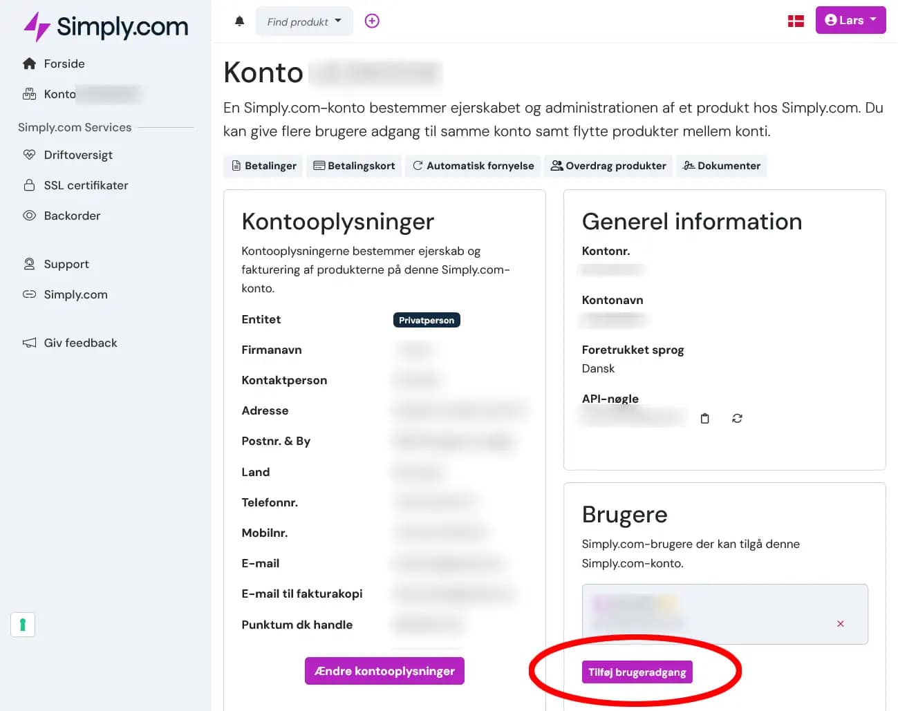 Kontrolpanel Simply Com tilføj Brugeradgang