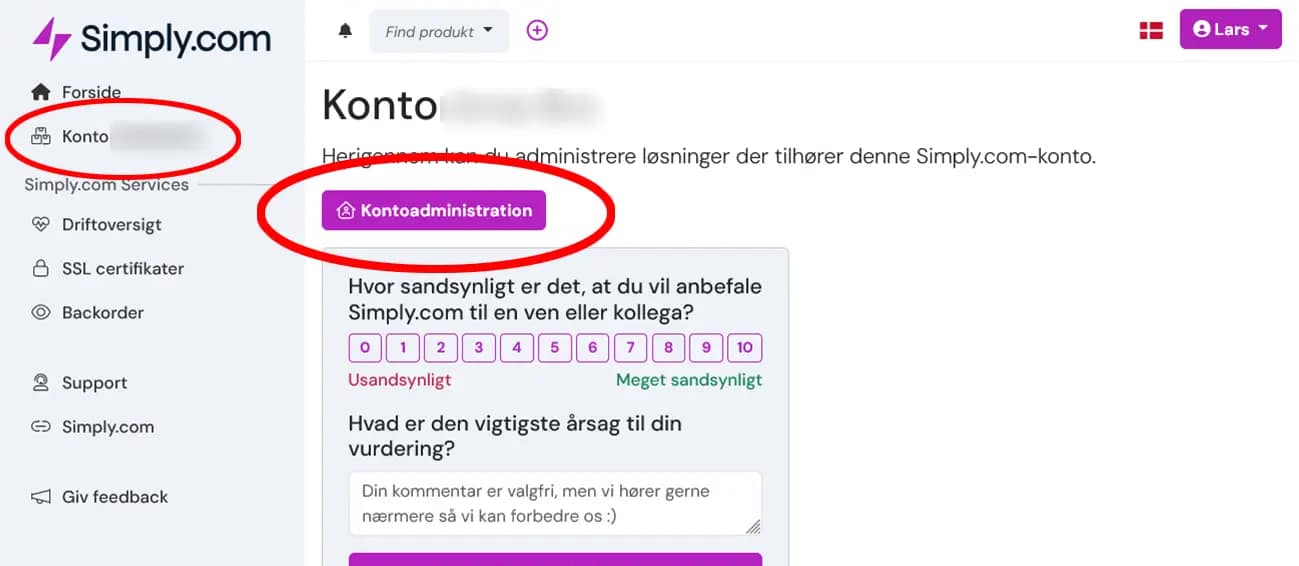 Kontrolpanel Simply Com tilføj bruger Kontoadministration