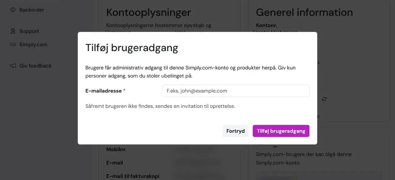 Kontrolpanel Simply Com tilføj Brugeradgang Email 2