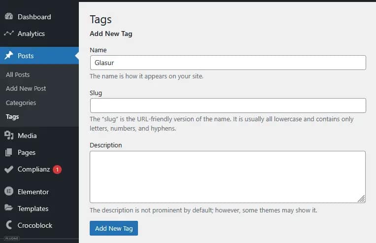 Blog Tags add new tag