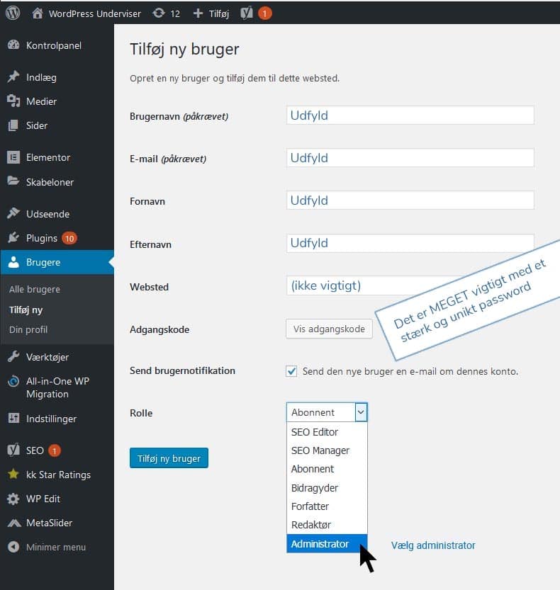 Ekstra adminbruger i WordPress - Udfyld